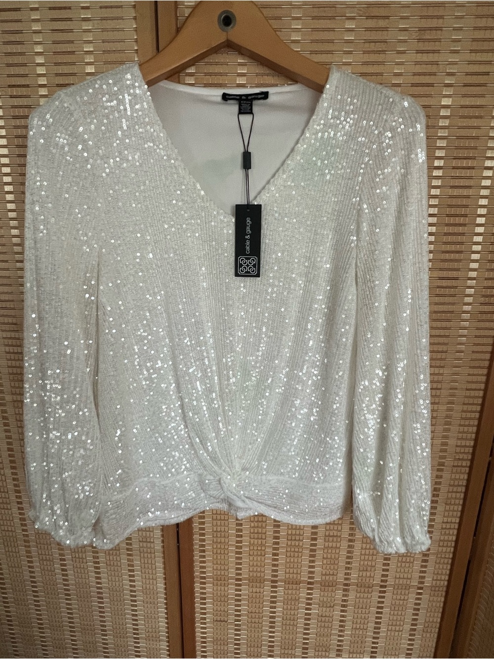 Cable & Gauge White Sequin Twist-Front Long Sleeve Top